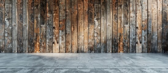 An empty room featuring a prominent wooden wall and floor, showcasing a minimalist design aesthetic. - obrazy, fototapety, plakaty