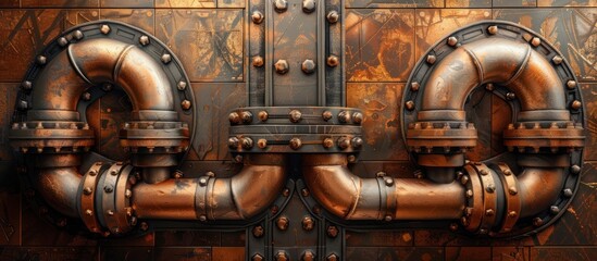 Detailed view of a complex metal object with a network of copper pipes.