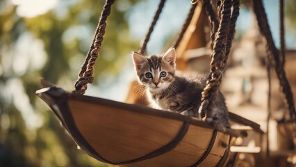 cat on a tree A comical kitten dressed as a little pirate,  hanging  from the mast of a cardboard ship in a backyard 