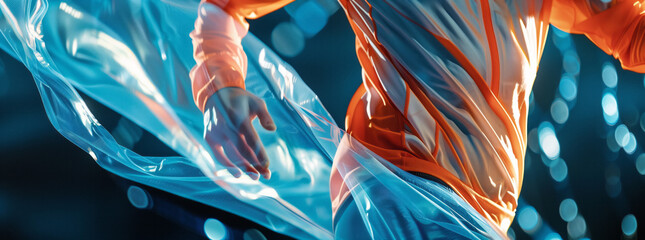Close-up of sportswear fabric in motion forming upper part of an athletic body