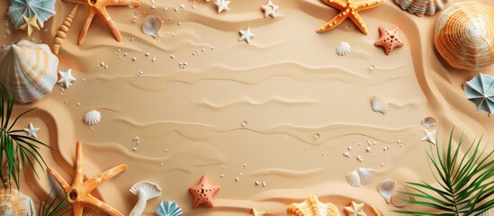 The sandy beach is adorned with starfish, shells, and palm trees under the sun.