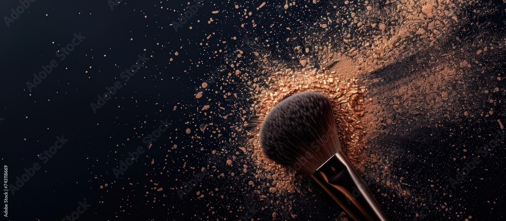 Wall mural A close-up shot of a makeup brush covered in powder against a sleek black background, ideal for beauty product mockups and promotions.