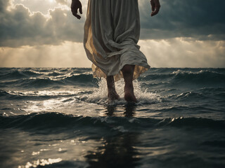 Jesus walking on water close up of feet walking on sea or ocean - obrazy, fototapety, plakaty