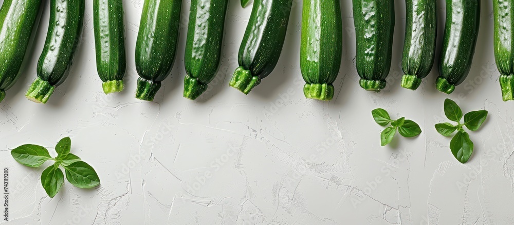 Poster fresh cucumbers neatly lined up in rows on a clean white surface.