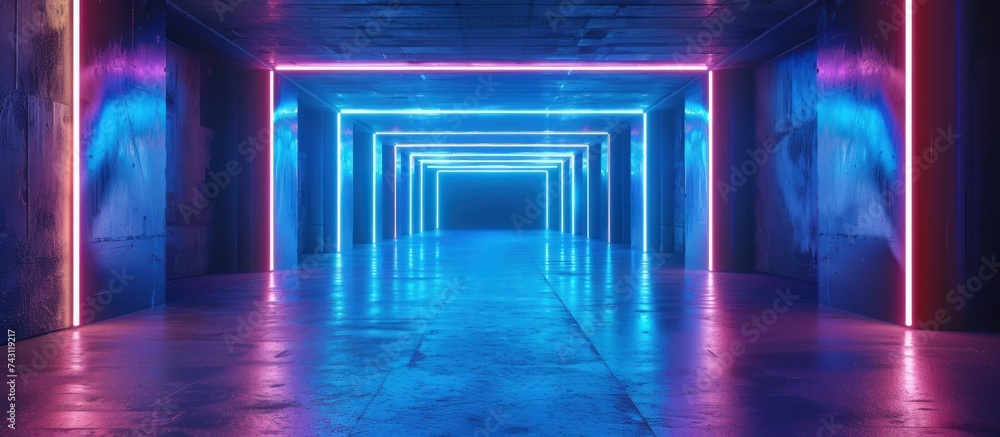 Poster a long tunnel illuminated by neon lights running down the middle, creating a futuristic and vibrant 
