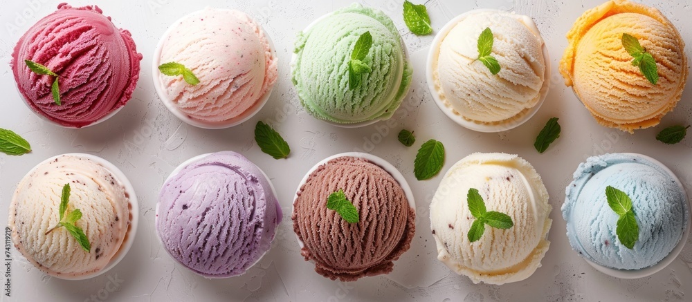 Poster a group of colorful ice creams with leaves placed on top of them, creating a unique and decorative p