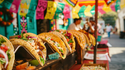 A vibrant Cinco de Mayo street party alive with the sound of music and laughter, where taco vendors serve up their specialties amidst a kaleidoscope of colorful decorations - obrazy, fototapety, plakaty