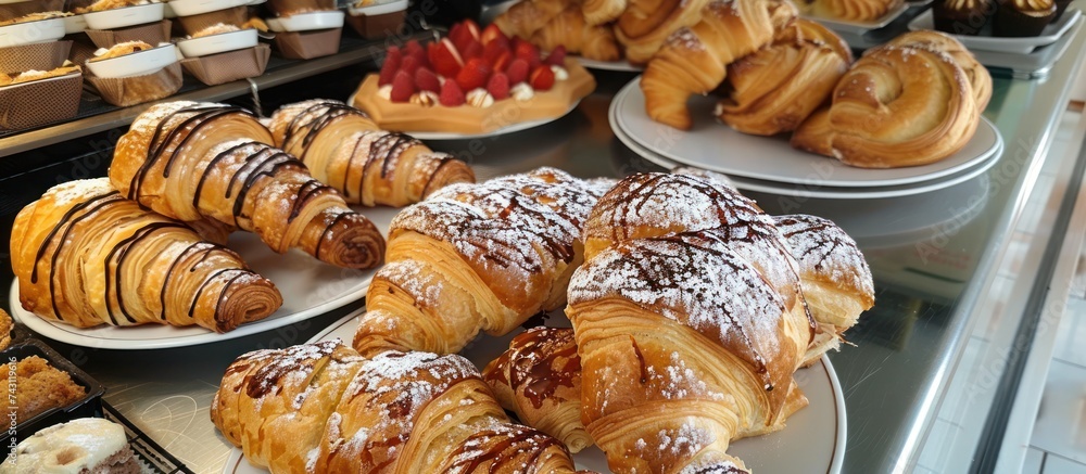 Poster a variety of different types of pastries are neatly arranged in a display case, showcasing a temptin