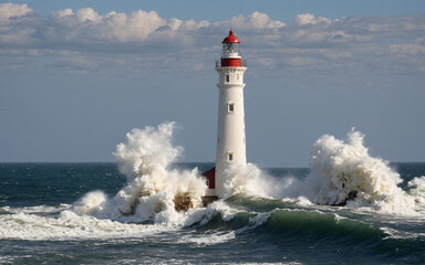Lighthouse near the shore with crashing waves, majestic clouds, cliff