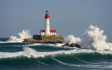 Obraz premium Lighthouse near the shore with crashing waves, majestic clouds, cliff