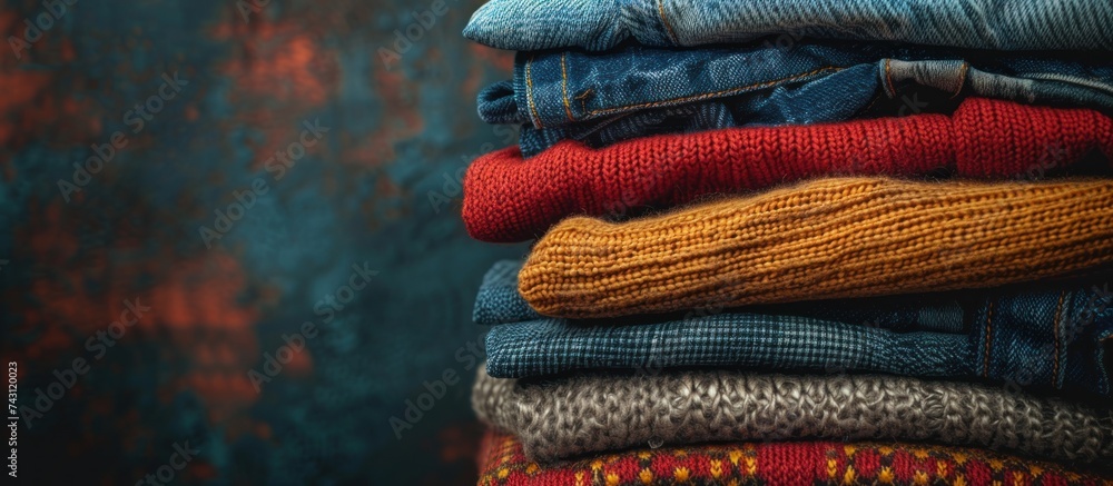 Poster a stack of jeans and sweaters neatly arranged on top of each other, creating a casual display of clo