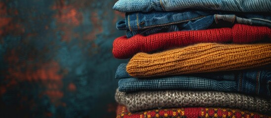 A stack of jeans and sweaters neatly arranged on top of each other, creating a casual display of clothing items. - obrazy, fototapety, plakaty