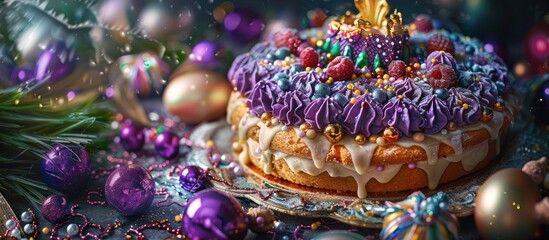 A delicious king cake adorned with colorful icing and Mardi Gras decorations displayed on a table.