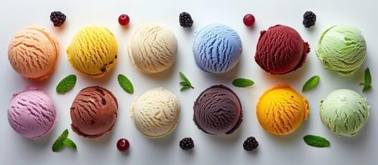 A group of assorted ice cream scoops topped with vibrant leaves and berries, creating a visually appealing and delicious treat.