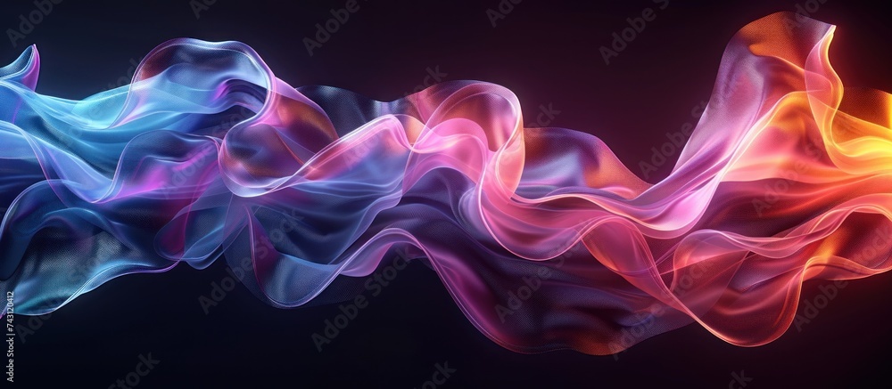 Poster a dynamic multicolored wave of smoke billows and swirls against a stark black background, creating a