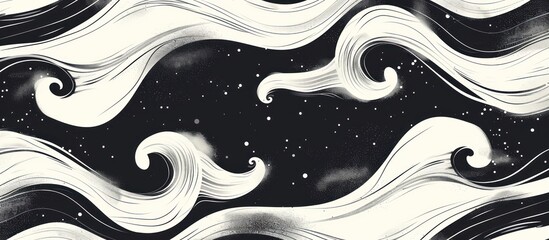 Black and white drawing featuring intricate waves and stars created with wavy and swirled brush strokes.