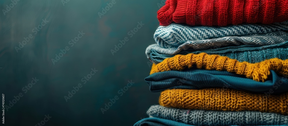 Poster a stack of sweaters and scarves neatly piled on top of each other, creating a cozy and organized dis