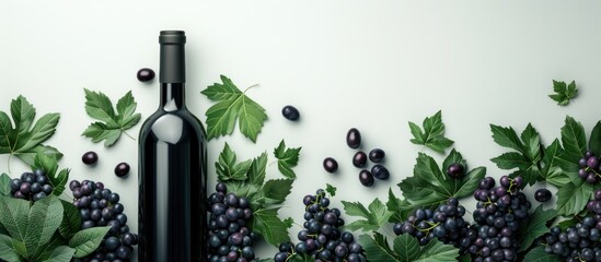 A bottle of red wine is placed in the center, surrounded by clusters of ripe grapes and green vine leaves on a wooden surface.