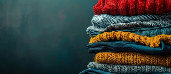 A stack of sweaters and scarves neatly piled on top of each other, creating a cozy and organized display.