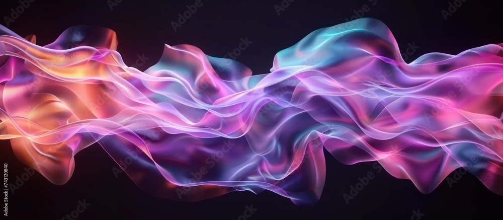 Poster a vibrant wave of colorful smoke against a black background, creating a mesmerizing and dynamic visu