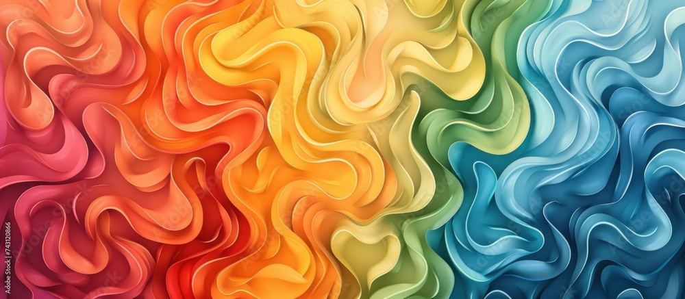 Poster a vibrant abstract pattern featuring wavy shapes in various rainbow colors, creating a dynamic and v