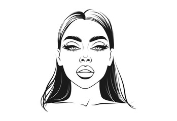 Vector Young Woman Girl Model Face Portrait. Beautiful Lady with Long Black Eyelashes Arched Eyebrows Plump Lips Illustration Isolated on White. Beauty Salon Logo - 743120841