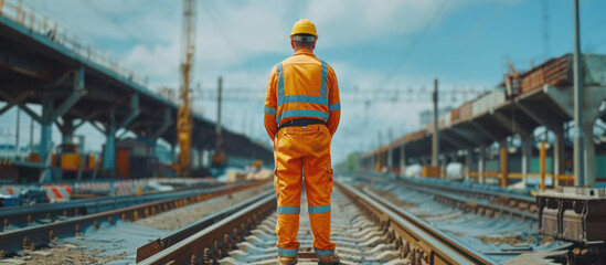 A male engineer wearing an orange safety suit stands on a set of train tracks, appearing to be performing an inspection or maintenance. - obrazy, fototapety, plakaty