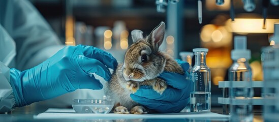 A rabbit sitting calmly in a laboratory setting, with a blue gloved hand gently holding it on a white table.