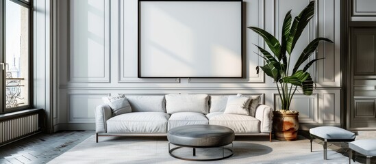 A contemporary living room features a white couch against a neutral wall with a sizable picture frame hanging above it.