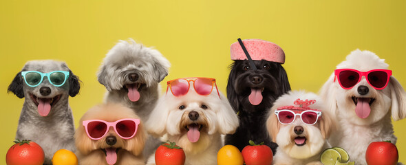  summer holiday lineup of dogs in colorful sunglasses and citrus fruits, showcasing vibrant summer vibes and playful relaxation
