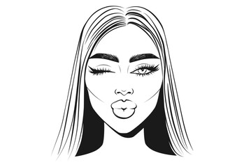 Vector Young Woman Girl Wink Model Face Portrait. Beautiful Lady with Long Black Eyelashes Arched Eyebrows Plump Lips Kiss Illustration - 743121061