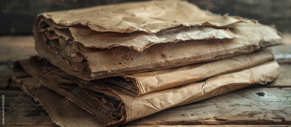 Poster a stack of old brown paper sheets placed on top of a wooden table, creating a rustic and textured di