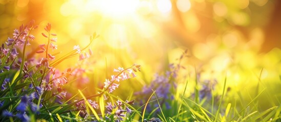The morning sunshine illuminates a close-up view of vibrant spring foliage, showcasing the bluebell flower blossoms and lush green grass in sharp focus. - obrazy, fototapety, plakaty