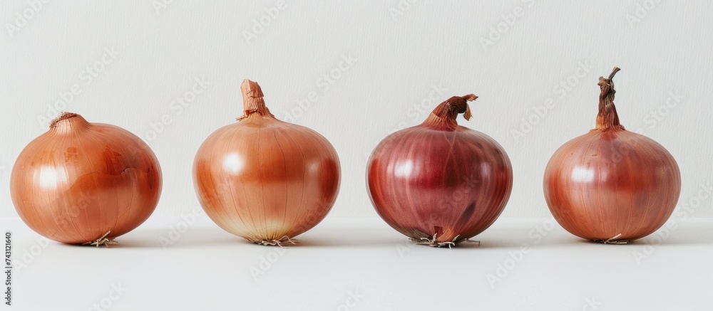 Poster several onions arranged neatly side by side on a white background.