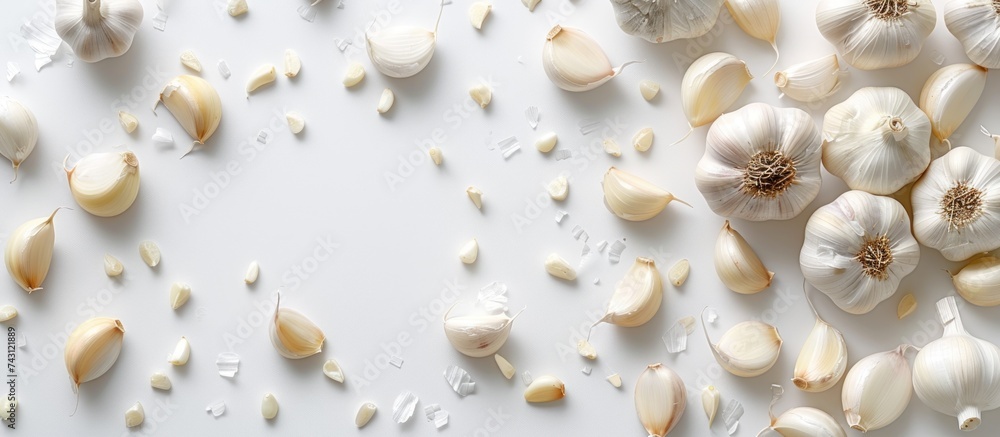 Aufkleber a white table is covered with numerous cloves and bulbs of garlic, creating a visually striking disp