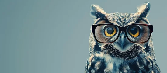 Poster A close-up portrait of an owl wearing eyeglasses and a mustache, looking wise and distinguished. © FryArt Studio