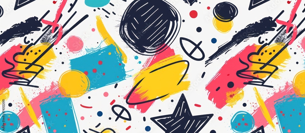 Poster a lively and colorful line doodle seamless pattern featuring a variety of different shapes and color