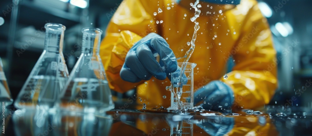 Poster a close-up of a man in a yellow jacket pouring liquid into a beaker as a part of a science experimen
