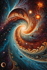 Surreal art depicting a tree with branches intertwined with celestial bodies against a cosmic backdrop.