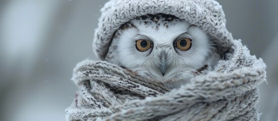 Naklejka premium A snowy owl is snuggled in a cozy blanket, its piercing eyes gazing directly at the camera.