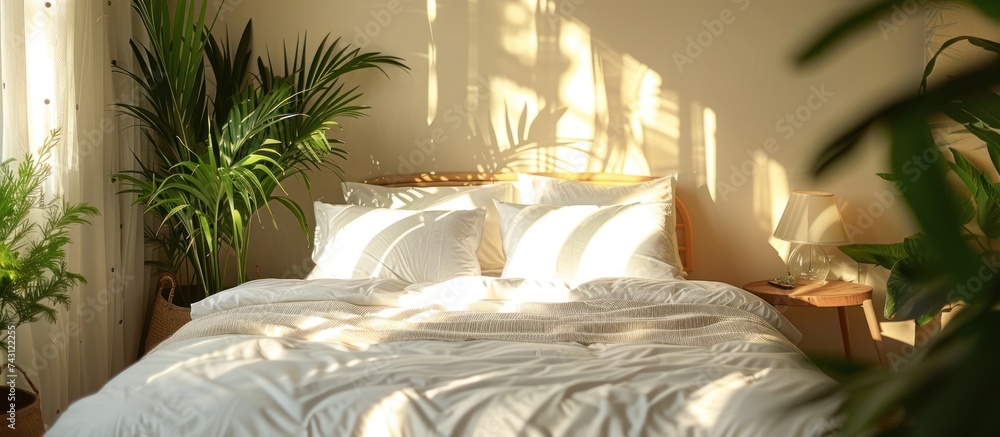 Poster a contemporary bedroom features a comfortable double bed adorned with a white comforter and several 