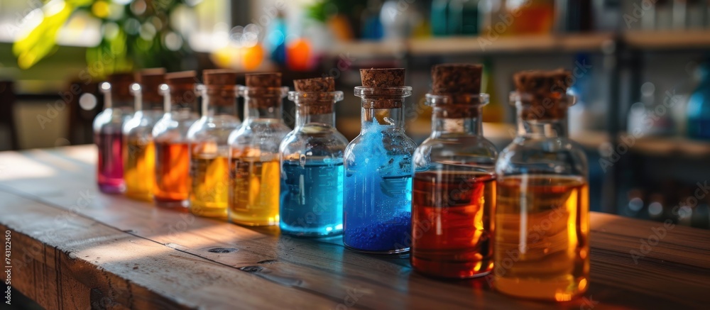 Poster a line of bottles containing different colored liquids lined up neatly on a shelf, showcasing an arr