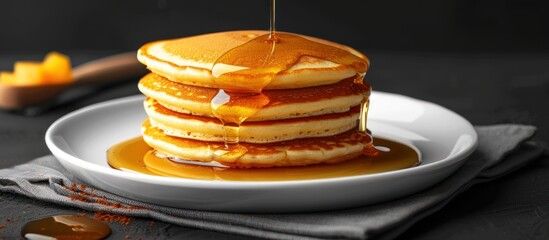 A pile of pancakes drizzled with golden syrup resting on a plate, ready to be enjoyed as a delicious breakfast or brunch option.