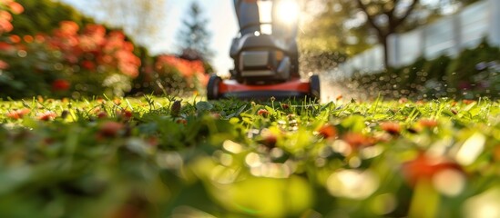 A caucasian gardener operates a lawn mower, cutting the grass in a yard.