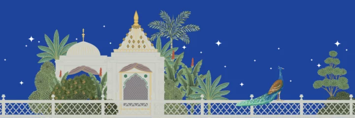 Crédence de cuisine en verre imprimé Bleu foncé Mughal Palacegraden peacock traditional vintage landscape