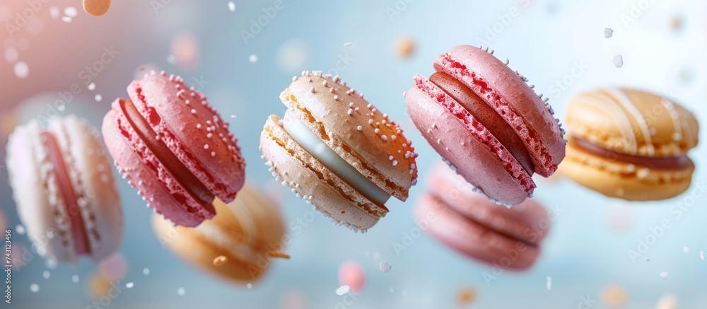 Poster a vibrant group of macaroons suspended mid-air, showcasing an array of colors and textures as they f