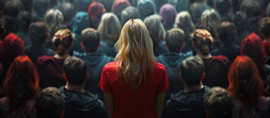 A blonde woman confidently stands in front of a diverse crowd of people, who are watching attentively.