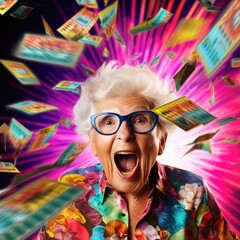 A delighted elderly woman with ecstatic expression surrounded by a cascade of banknotes falling