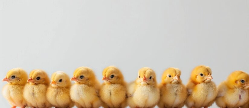 A row of adorable little yellow chicks sitting on top of each other against a white background.