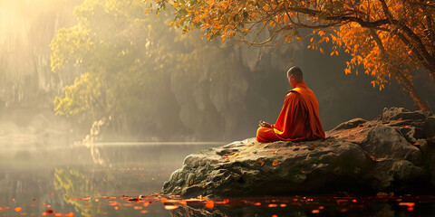 Buddhist monk meditating on a rock